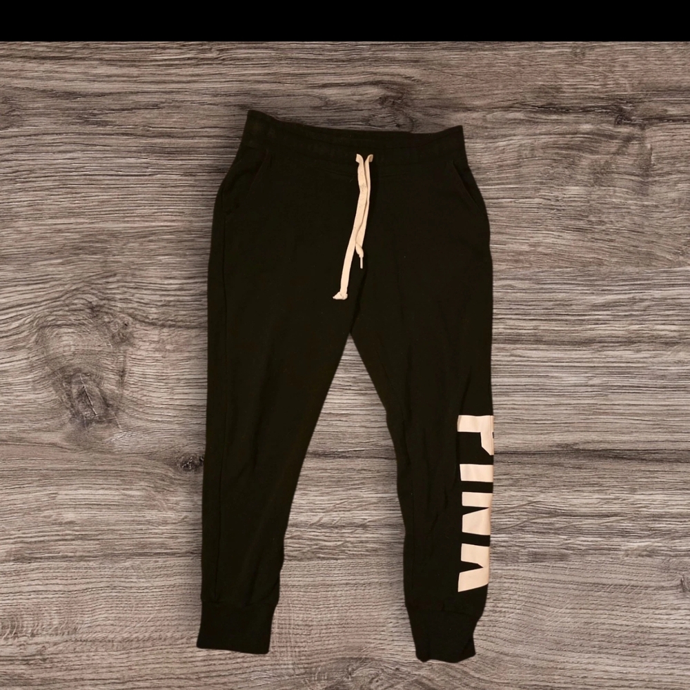 PINK Victoria's Secret Black Joggers with Cream Logo